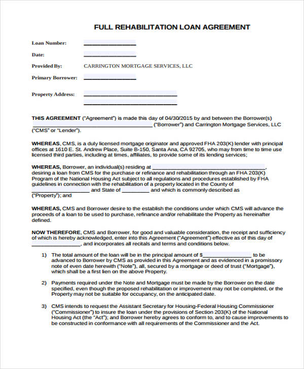 full rehabilitation loan agreement form