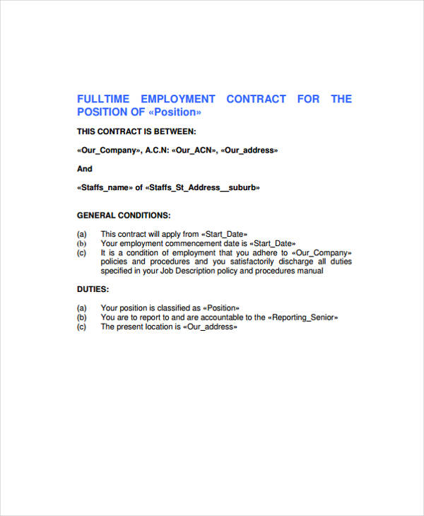 full time employment contract agreement form