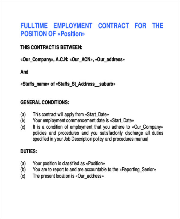 fulltime employment contract agreement form1