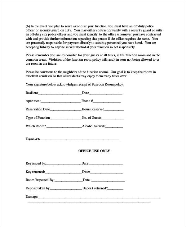 function room reservation form