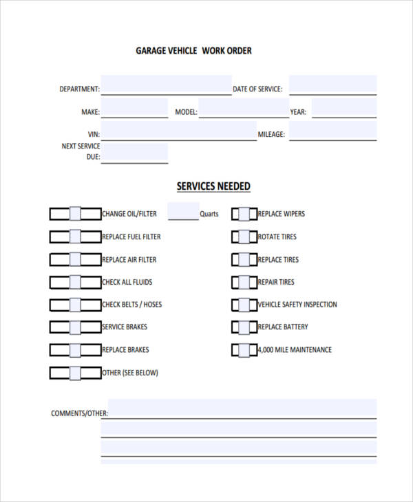 garage vehicle work order form