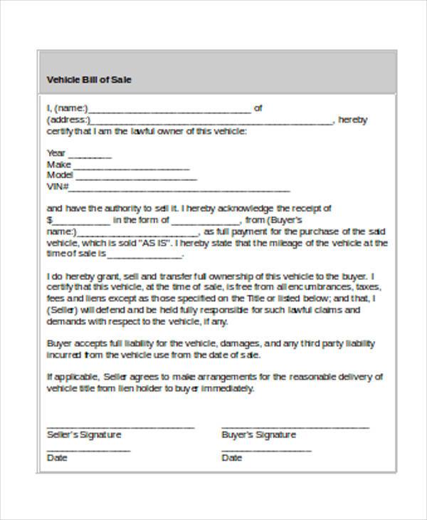 general bill of sale form for car
