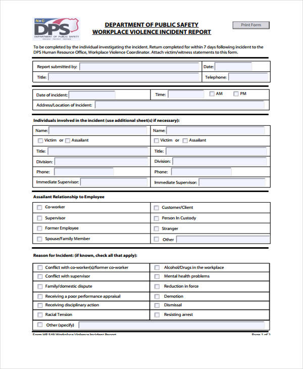 general workplace incident report form