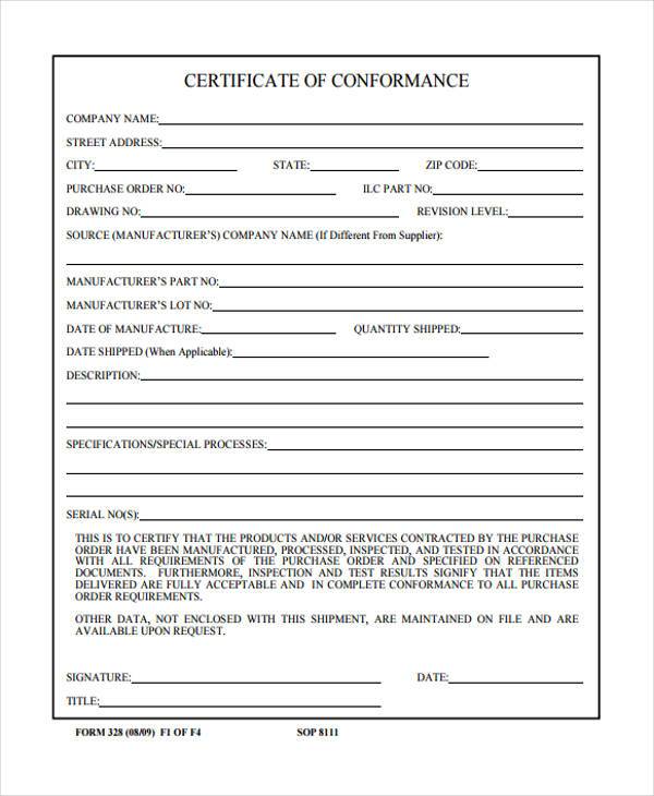 generic certificate of conformance form
