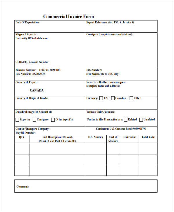 commercial invoice example