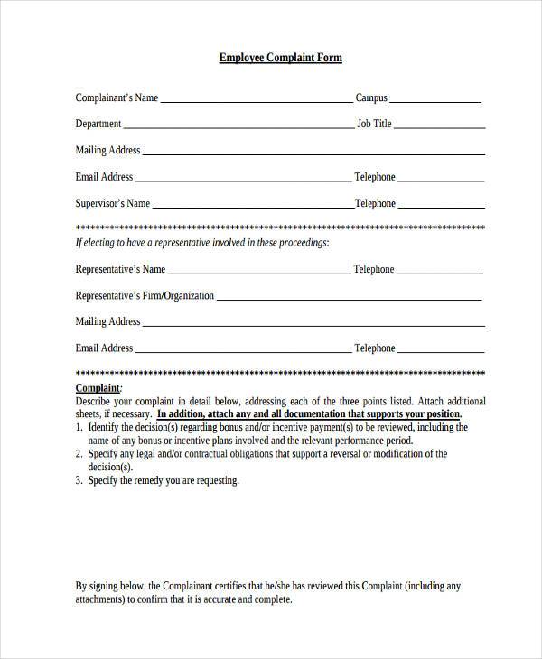 generic employee complaint form