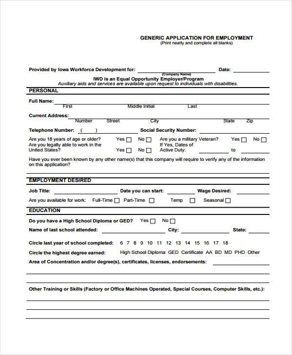 generic employment application form