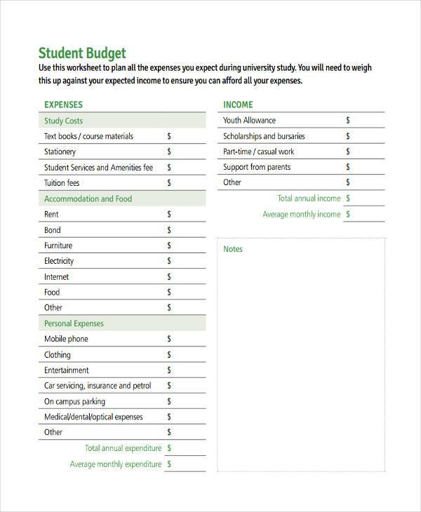 generic student budget form