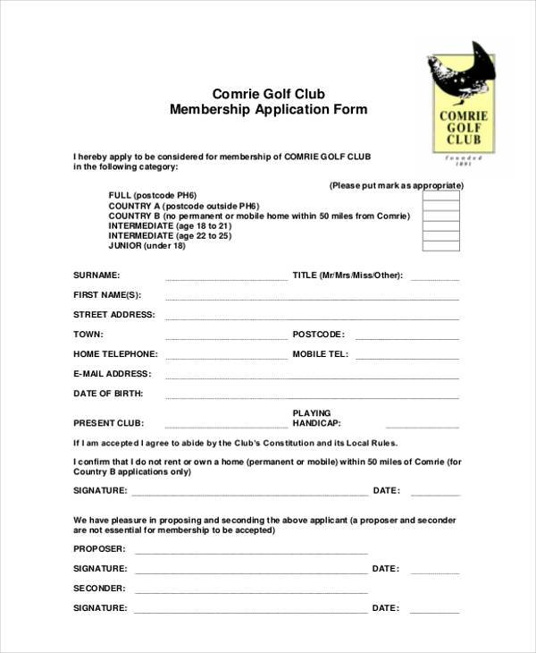 golf club membership application form