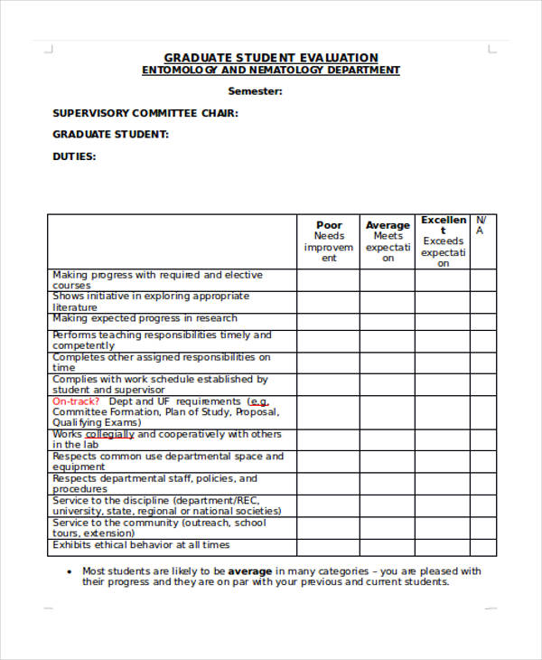 graduate student evaluation form sample