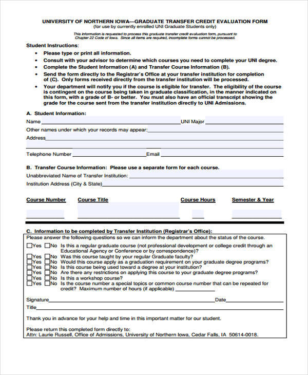 graduate transfer credit student evaluation form