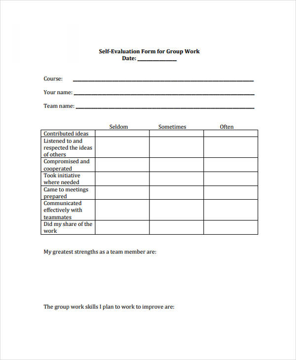 group work self evaluation form