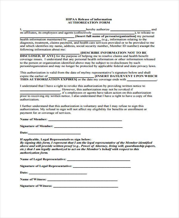 hipaa authorization information release form template