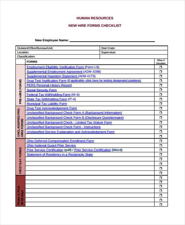 hr employee checklist form