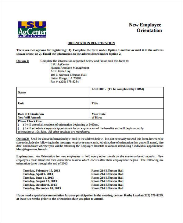hr new staff orientation registration form