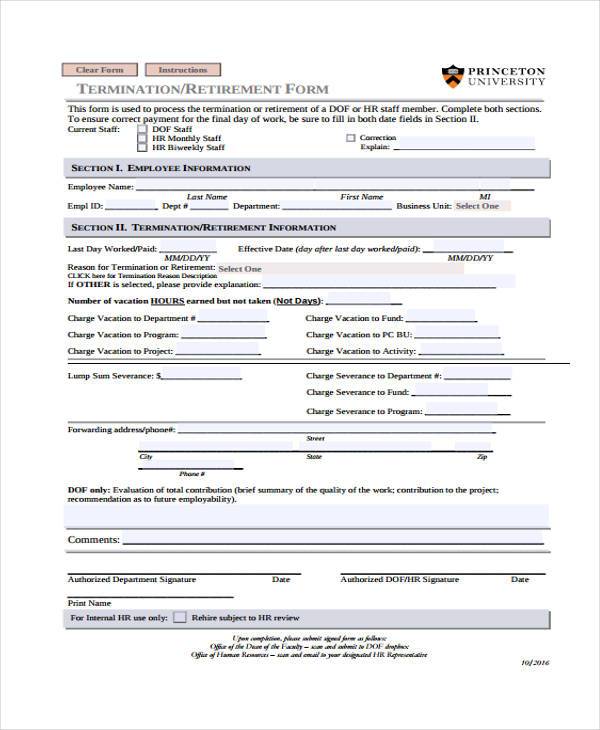 hr termination retirement form