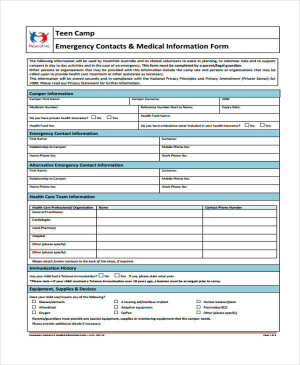handwork camp emergency contact form