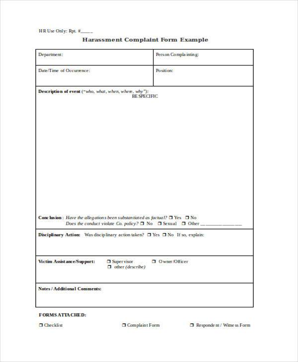 harassment complaint form example