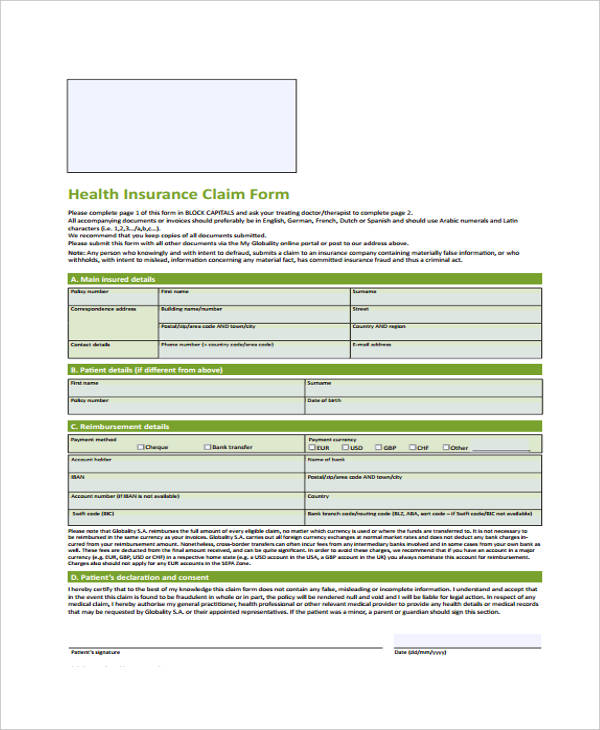 health care insurance claim form