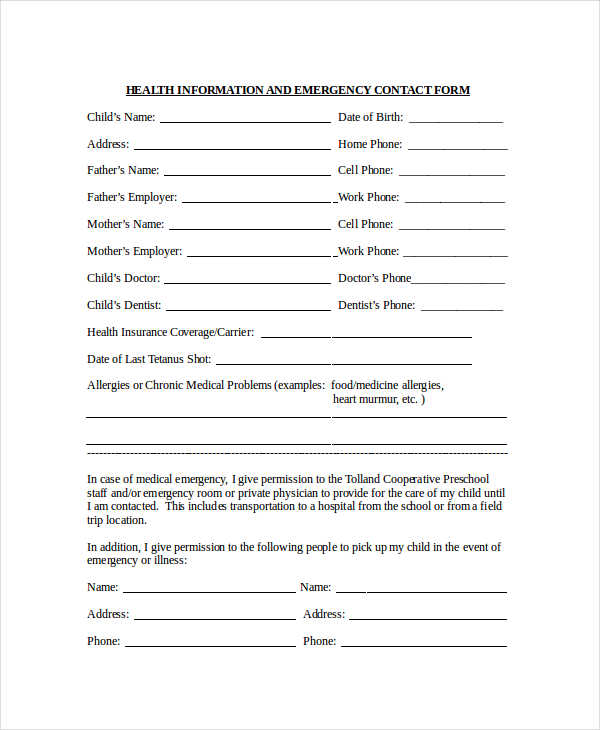 health information emergency contact forms