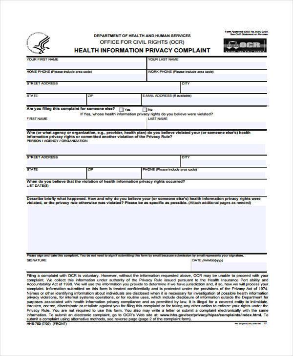 health information privacy complaint form