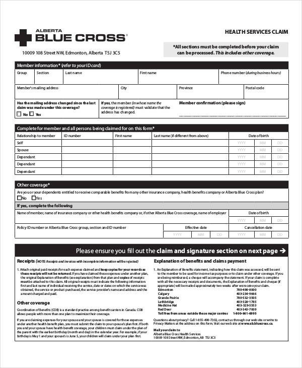 health services claim form
