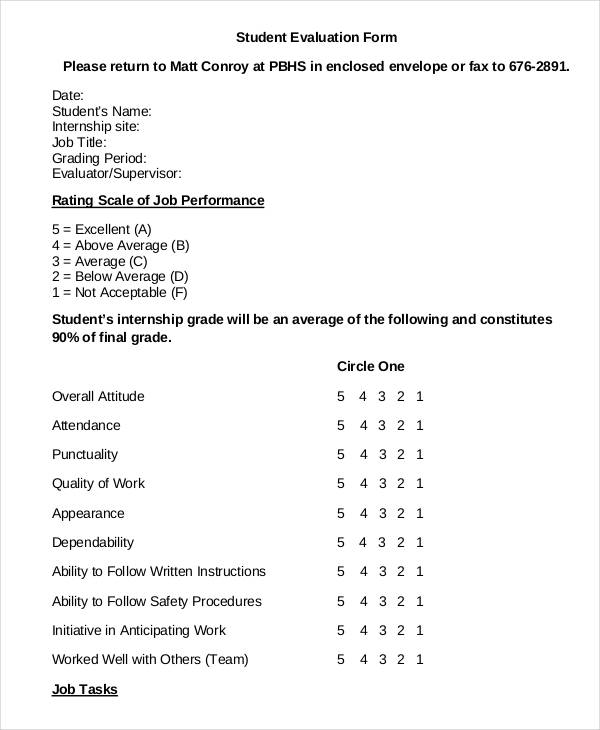 high school student evaluation form