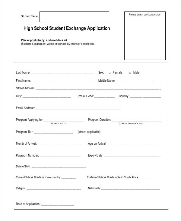 students application sample form for Student Application Form 31 Examples