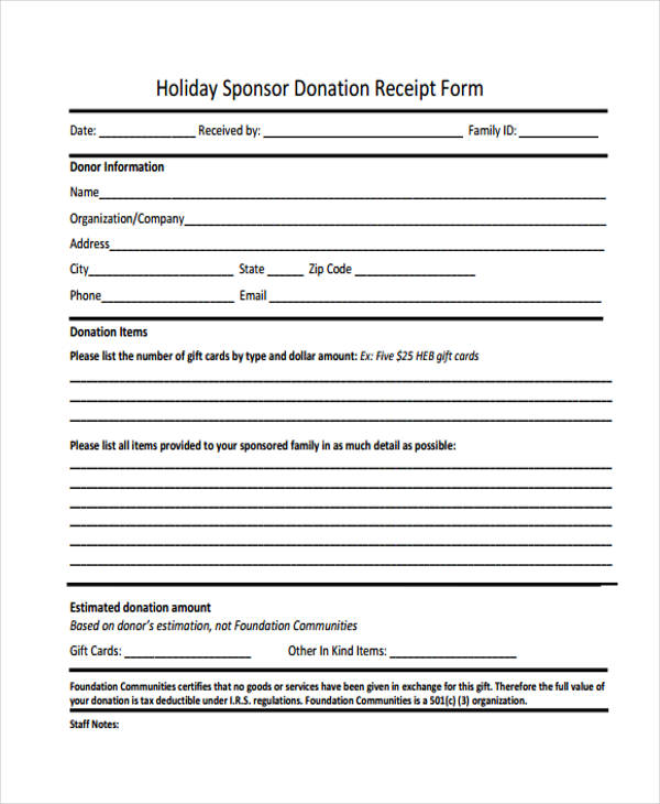 holiday sponsor donation receipt form