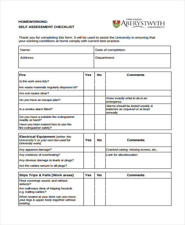 home working self assessment form