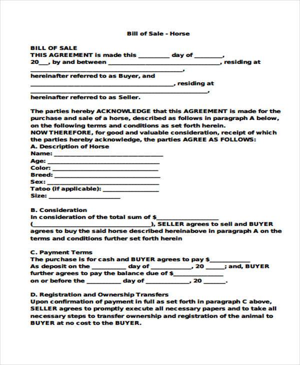 horse bill of sale agreement form