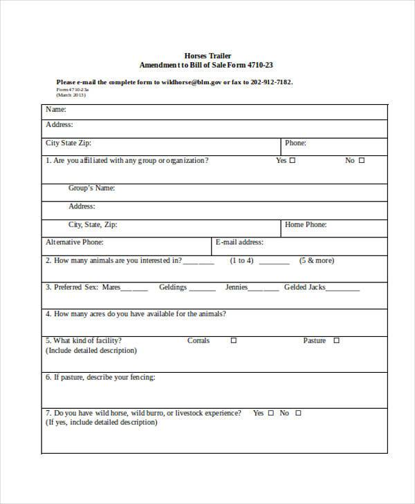 horse trailer bill of sale form