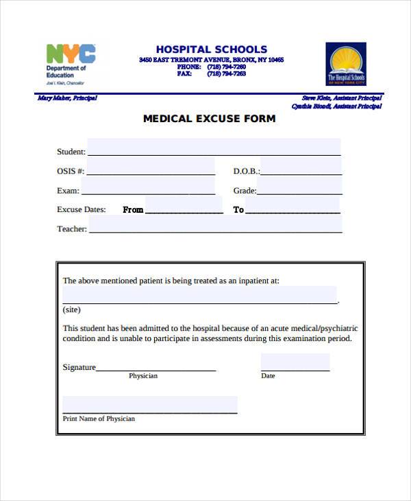 hospital school excuse form