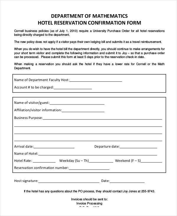 hotel reservation confirmation form