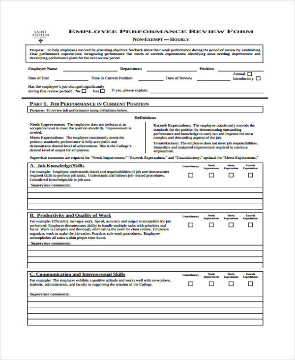 hourly employee performance evaluation form