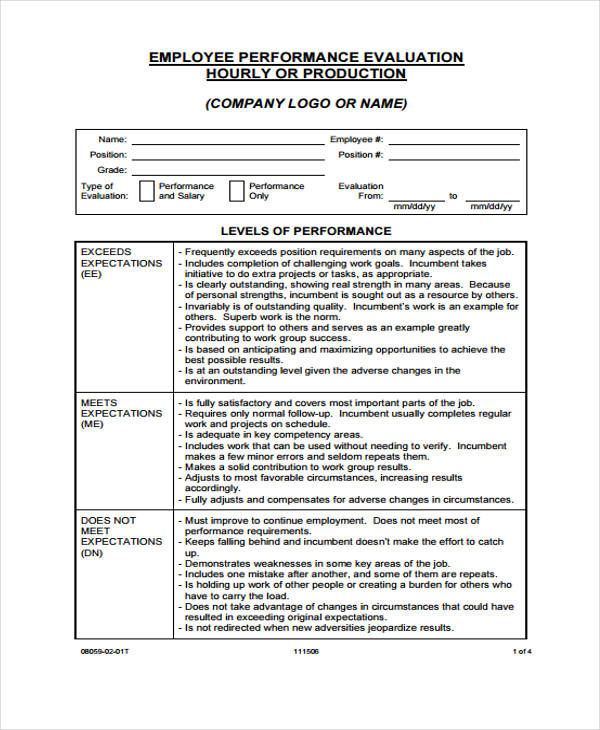 hourly performance employee evaluation form