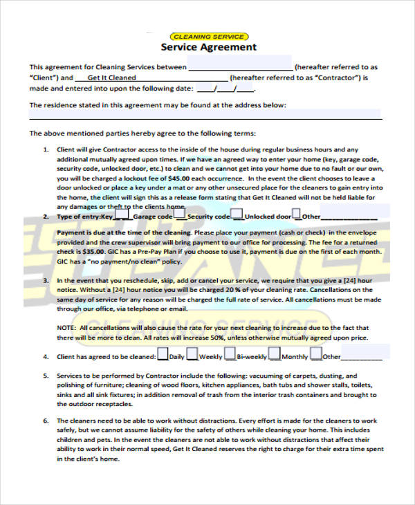 house cleaning service agreement form