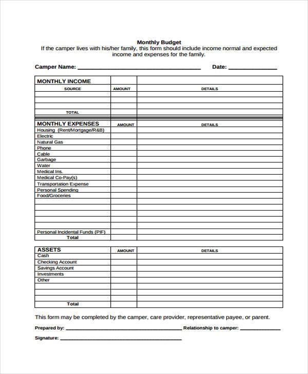 household monthly budget form