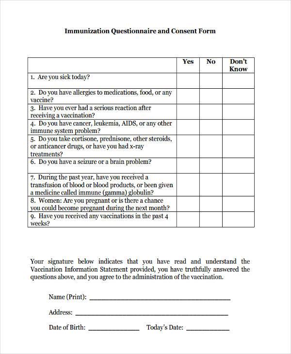 immunization questionnaire and consent form