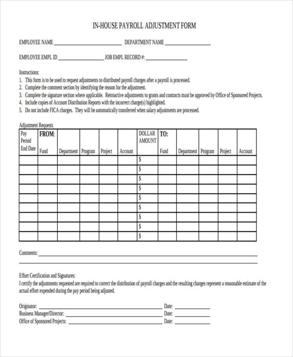 in house payroll adjustment form