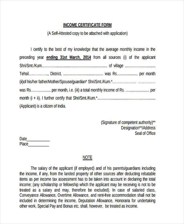 income certificate format