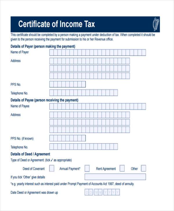 income tax certificate form