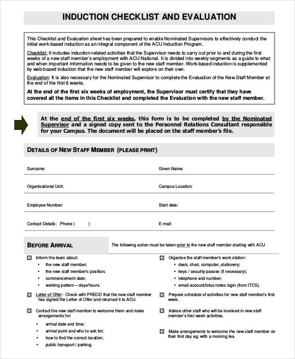induction checklist evaluation form