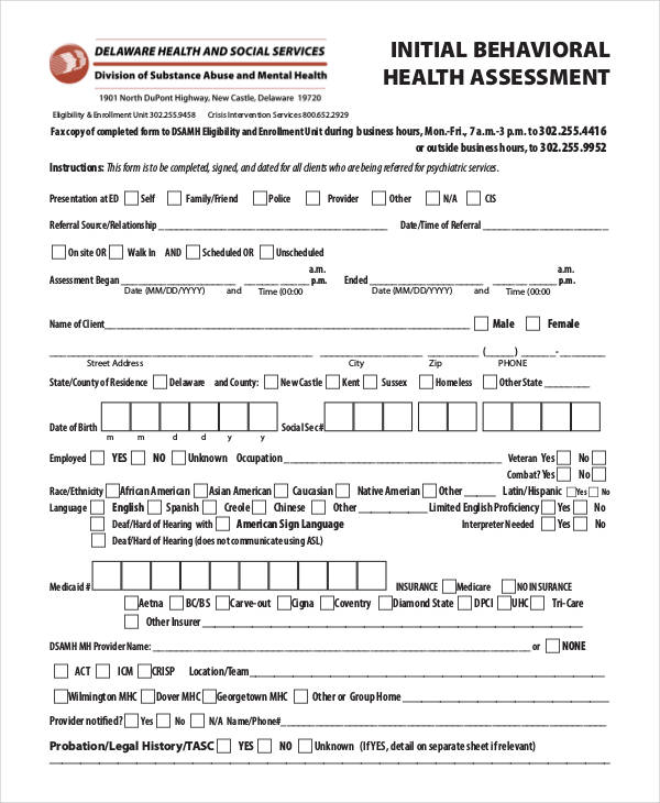 initial behavioral health assessment form