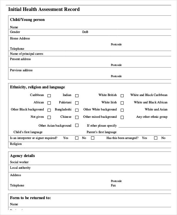 initial health assessment record form