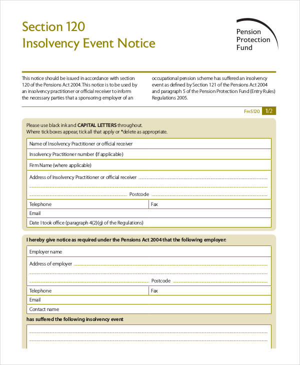insolvency event notice form