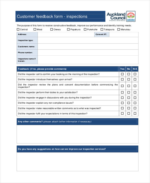inspections customer feedback form in pdf