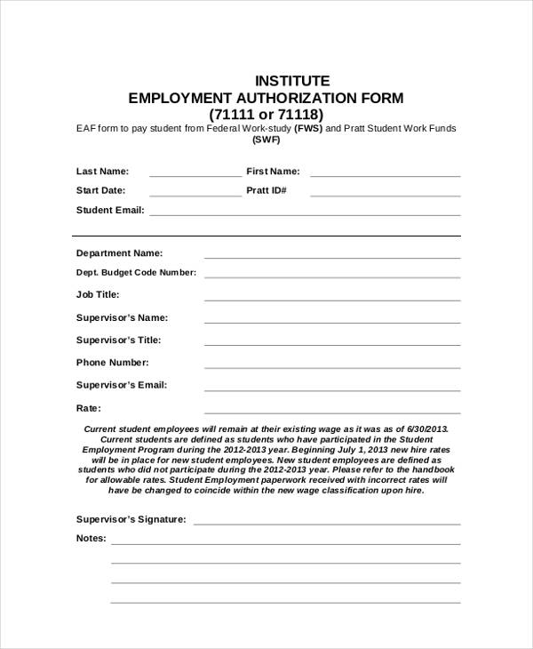 institute employment authorization form