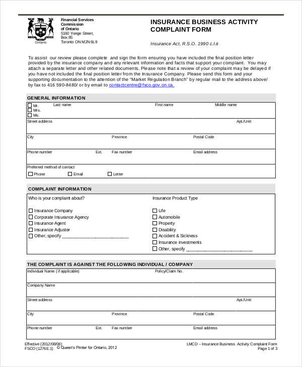 insurance business activity form1