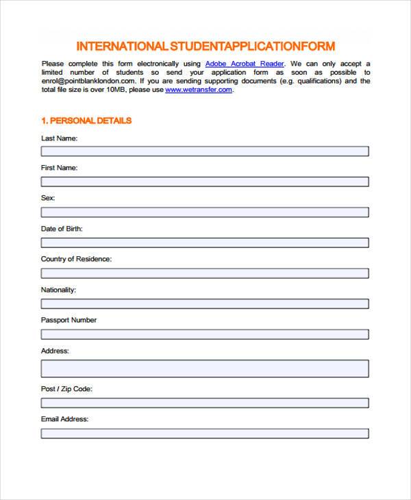 international student application form format